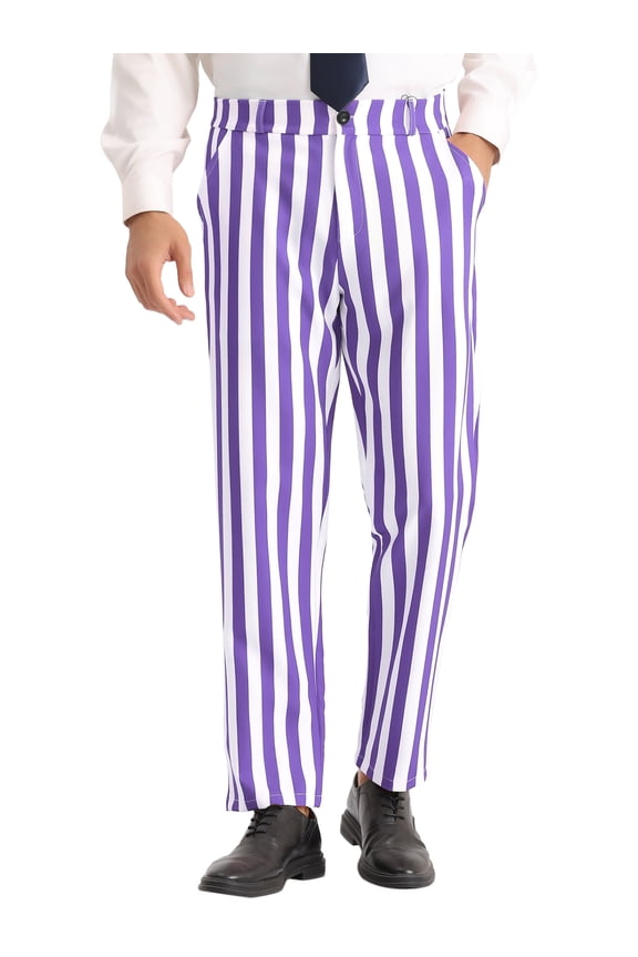 Striped Dress Pants for Men's Straight Leg Color Block Business Trousers 30 Purple White