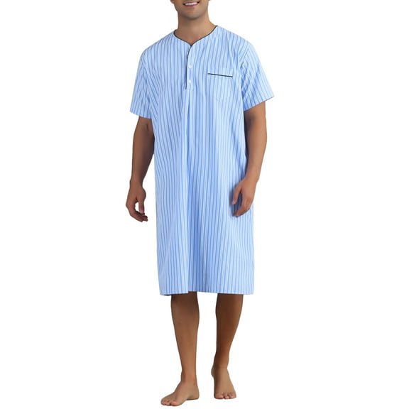 INSPIRE CHIC Striped Nightshirts for Men's Short Sleeve Button Down Sleep Shirts Stripes Nightgown XL Light Blue