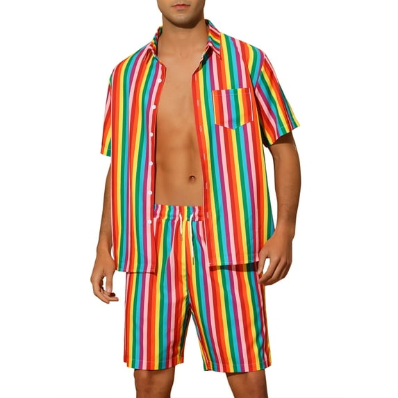 INSPIRE CHIC Striped Shirt Set for Men's Short Sleeves Beach Hawaiian Shirt and Shorts Suits M Multicolor