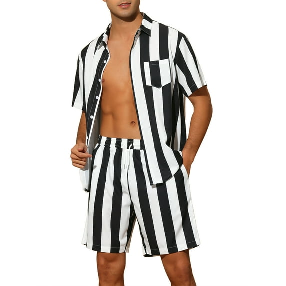 INSPIRE CHIC Striped Shirt Set for Men's Short Sleeves Beach Hawaiian Shirt and Shorts Suits S Black White