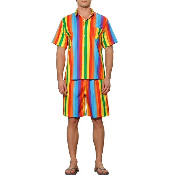 INSPIRE CHIC Striped Shirt Set for Men's Short Sleeves Beach Hawaiian Shirt and Shorts Suits S Rainbow Blue