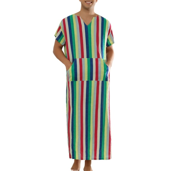 INSPIRE CHIC Striped Sleep Shirt for Men's V Neck Short Sleeves Color Block Nightrobe