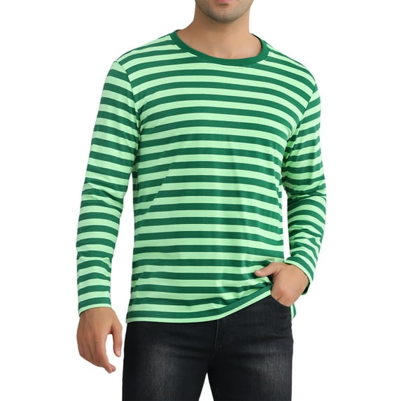 INSPIRE CHIC Men's T-Shirts Long Sleeve Striped Pattern Crew Neck Regular Fit Pullover T-Shirts M Green White
