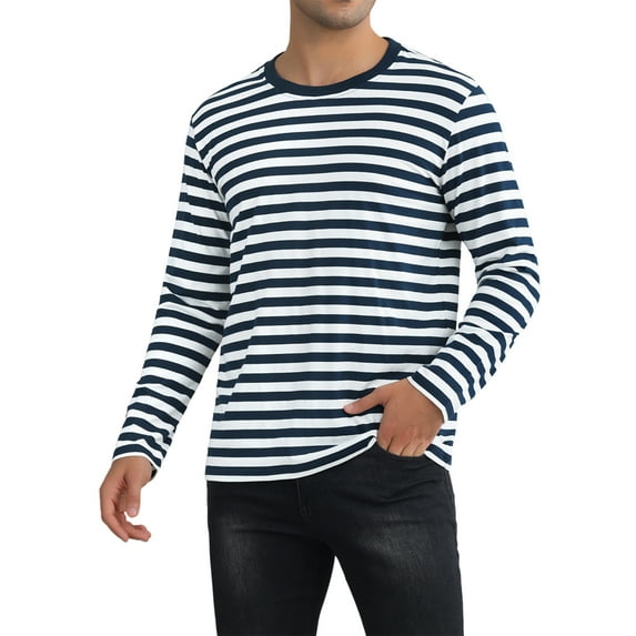 INSPIRE CHIC Men's T-Shirts Long Sleeve Striped Pattern Crew Neck Regular Fit Pullover T-Shirts S Navy White
