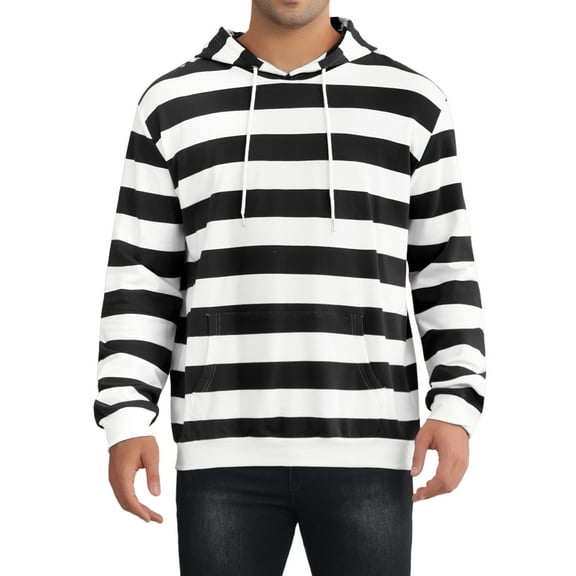 INSPIRE CHIC Men's Sweatershirts Stripes Hoodie Front Pocket Drawstring Long Sleeve Pullover Sweatshirts S Black White