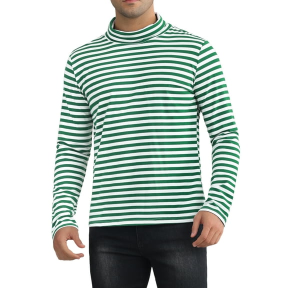 INSPIRE CHIC Striped Turtleneck T-Shirt for Men's Long Sleeves Pullover Stripes T Shirt M Green White