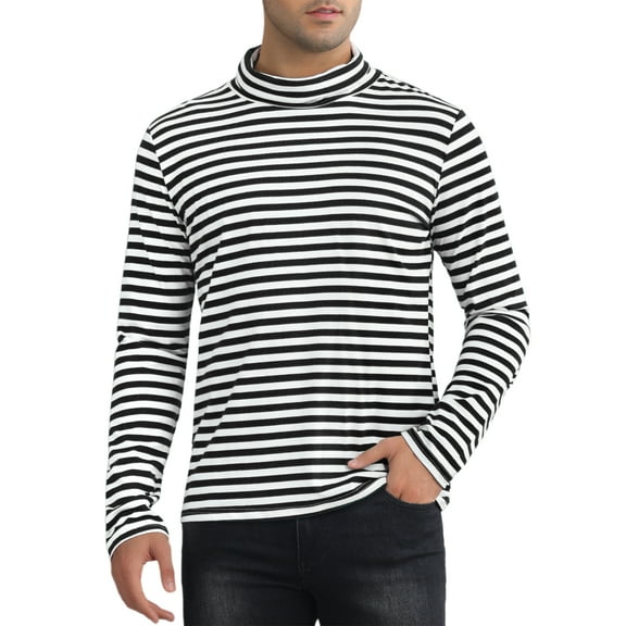 INSPIRE CHIC Striped Turtleneck T-Shirt for Men's Long Sleeves Pullover Stripes T Shirt XL Black White