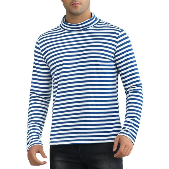 INSPIRE CHIC Striped Turtleneck T-Shirt for Men's Long Sleeves Pullover Stripes T Shirt XL Navy White