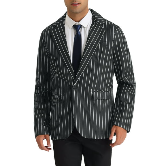 INSPIRE CHIC Men's Suit Striped Single Breasted Slim Fit Casual Vertical Stripes Blazer S Black White