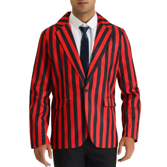 INSPIRE CHIC Men's Suit Striped Single Breasted Slim Fit Casual Vertical Stripes Blazer L Red Black