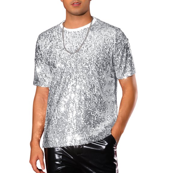 INSPIRE CHIC T Shirt for Men's Short Sleeve Round Neck Regular Fit Party Club Sparkly Disco Tee Top M Silver
