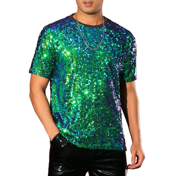INSPIRE CHIC T Shirt for Men's Short Sleeve Round Neck Regular Fit Party Club Sparkly Disco Tee Top S Green