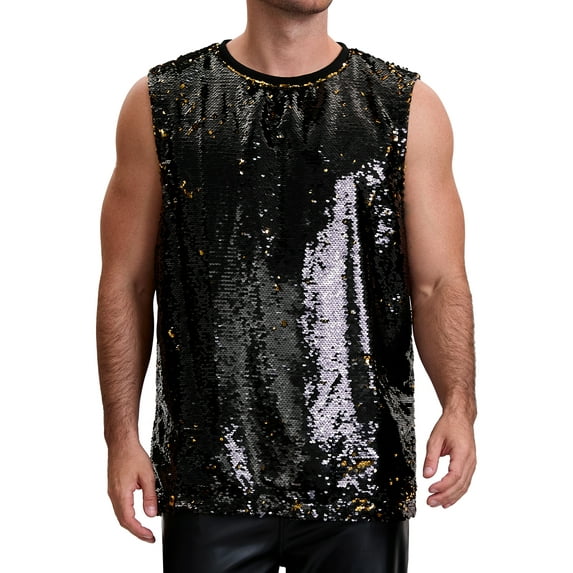 INSPIRE CHIC Tank Top for Men's Sleeveless Round Neck Glitter Disco Metallic Party Tank Top L Black