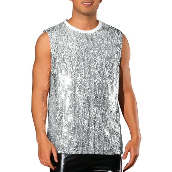 INSPIRE CHIC Tank Top for Men's Sleeveless Round Neck Glitter Disco Metallic Party Tank Top S Silver