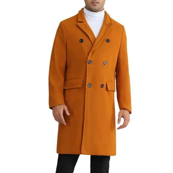 Overcoat for Men's Double Breasted Notched Collar Warm Winter Business Long Trench Coat with Pockets XL Brown