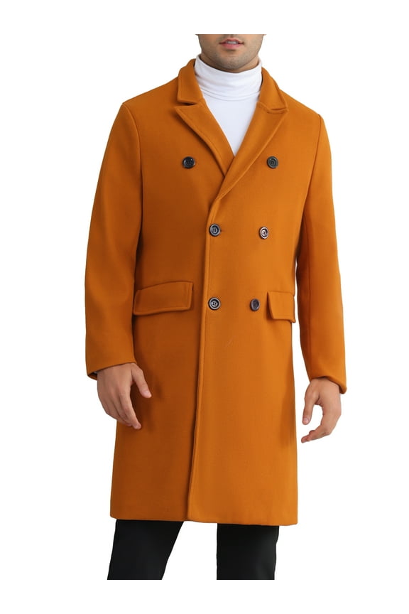 Overcoat for Men's Double Breasted Notched Collar Warm Winter Business Long Trench Coat with Pockets L Brown