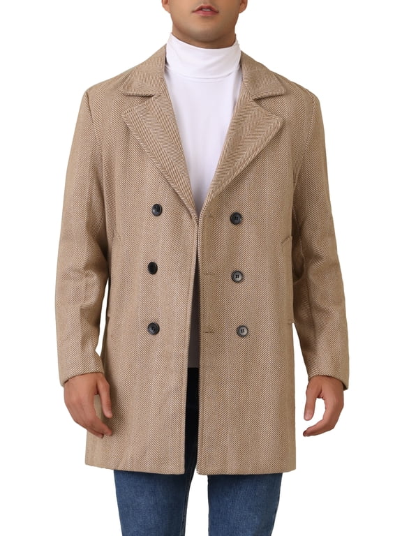 Trench Coats for Men's Double Breasted Herringbone Notched Collar Winter Overcoats