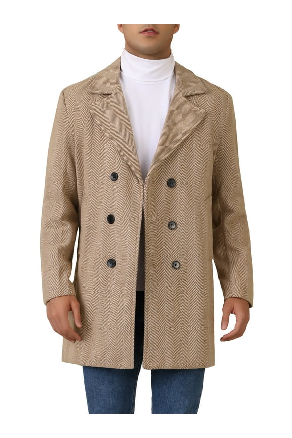 Trench Coats for Men's Double Breasted Herringbone Notched Collar Winter Overcoats
