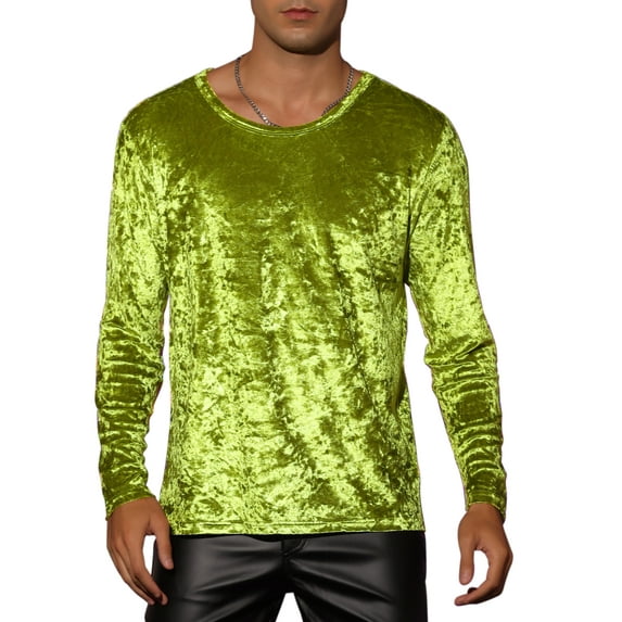 INSPIRE CHIC Velvet Shirts for Men's Vintage Classic Crew Neck Long Sleeve T-Shirts S Green