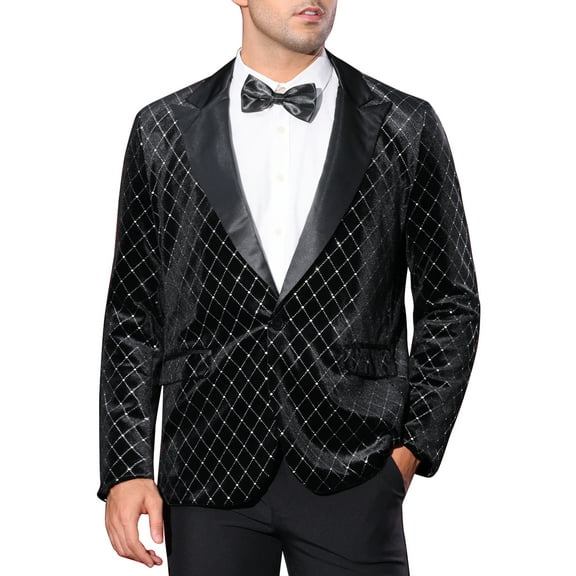 INSPIRE CHIC Men's Blazers Velvet Peak Lapel Argyle One Button Shiny Blazers M Black