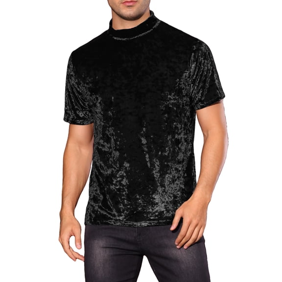 INSPIRE CHIC Velvet T-Shirts for Men's Short Sleeves Mock Neck Pullover Velour Tee Tops