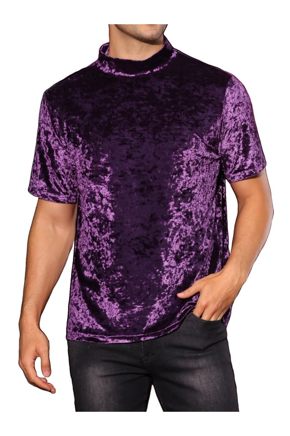 Velvet T-Shirts for Men's Short Sleeves Mock Neck Pullover Velour Tee Tops