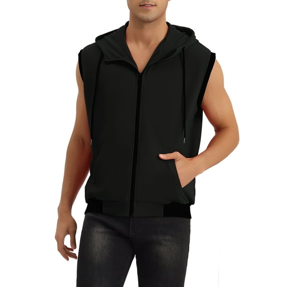 INSPIRE CHIC Men's Vest Hoodie Zip Up Sleeveless Drawstring Hooded Vest L Black