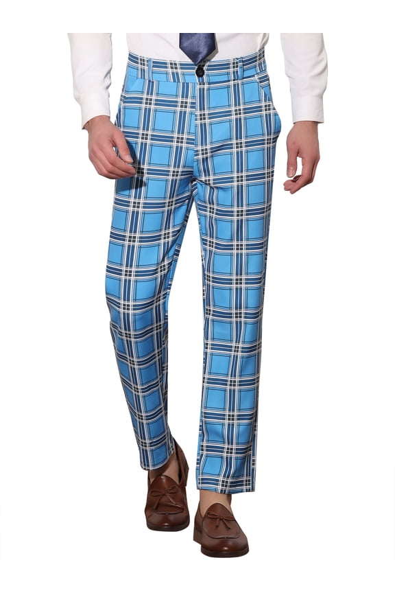 Work Pants for Men Plaid Business Formal Prom Checked Trousers 30 Light Blue