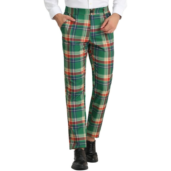INSPIRE CHIC Work Pants for Men Plaid Business Formal Prom Checked Trousers 36 Green Red