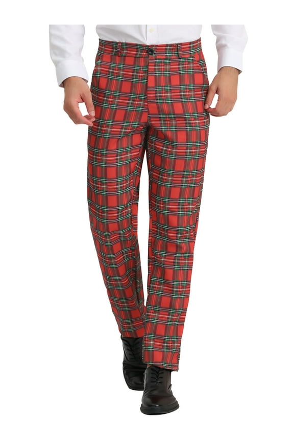 Work Pants for Men Plaid Business Formal Prom Checked Trousers 28 Red Green