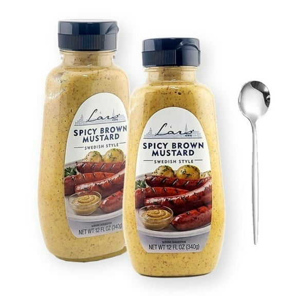Lars Own Spicy Brown Mustard Swedish Style 12 oz./420 g X 2 with Bonus Stainless Steel Sauce Spoon (3-Pc Set)