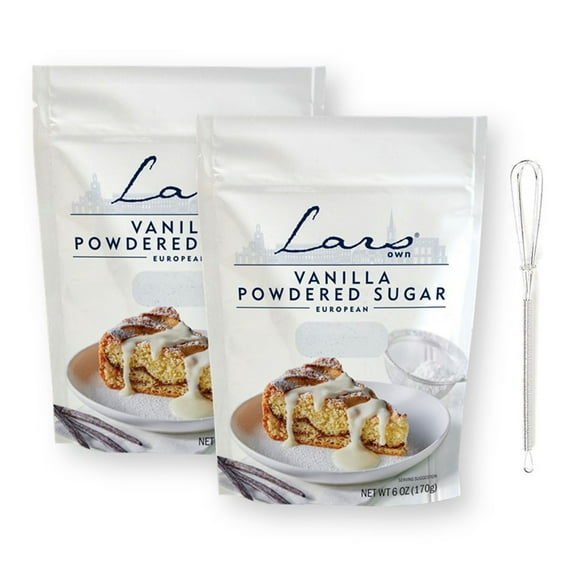 Lars Own Vanilla Powdered Sugar 6 Oz. X 2 with Mini Stainless Steel Wire Whisk (3-Pc Set)