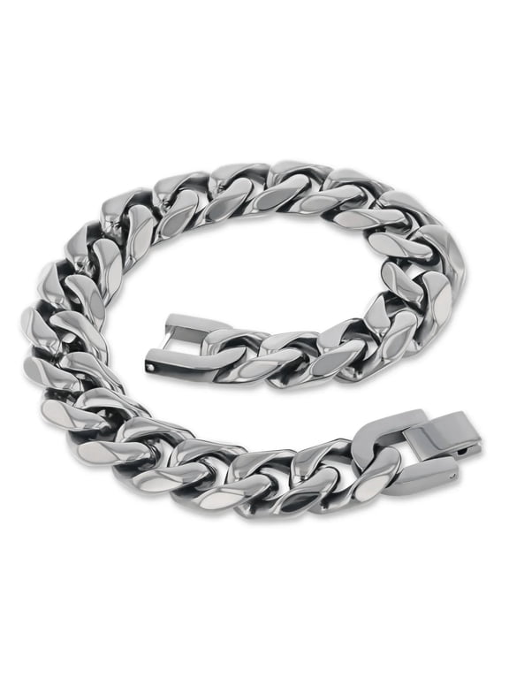Men's 14mm Stainless Steel Cuban Link Bracelet, Silver, 9 in