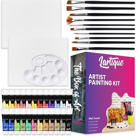 Lartique Acrylic Paint Set, 24 Color Paint Set with Canvases, Paint Brushes, and Paint Palette