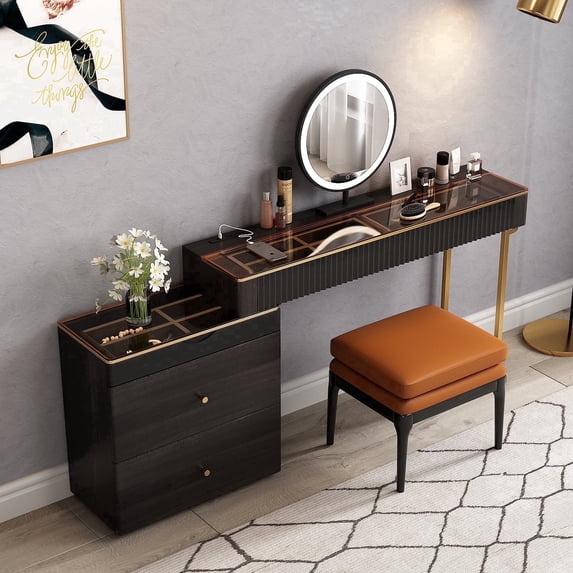 Lartis Corner Vanity Desk with Stool Bedroom Corner Vanity Set, 1 Storage Drawer, 1 high Storage Pull Cabinet, 360 °Rotatable Dimmable Makeup Mirror