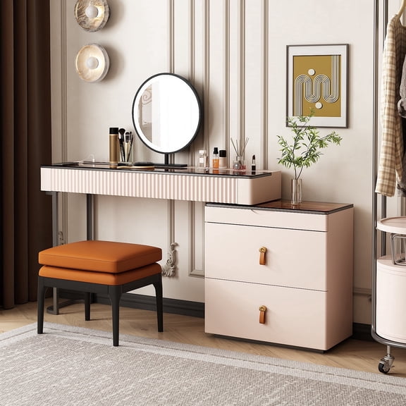 Lartis Makeup Vanity、extendable Dresser Set、Dressing Table,Super Storage、LED Lighted Vanity Mirror with ash All Solid Wood upholstered Makeup Stool