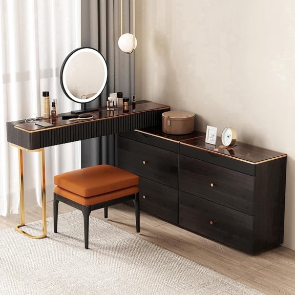 Lartis Makeup Vanity with Stool, Very Easy to Assemble, Retractable TV Cabinet Combination, Dressing Table Desk in one, Super Storage