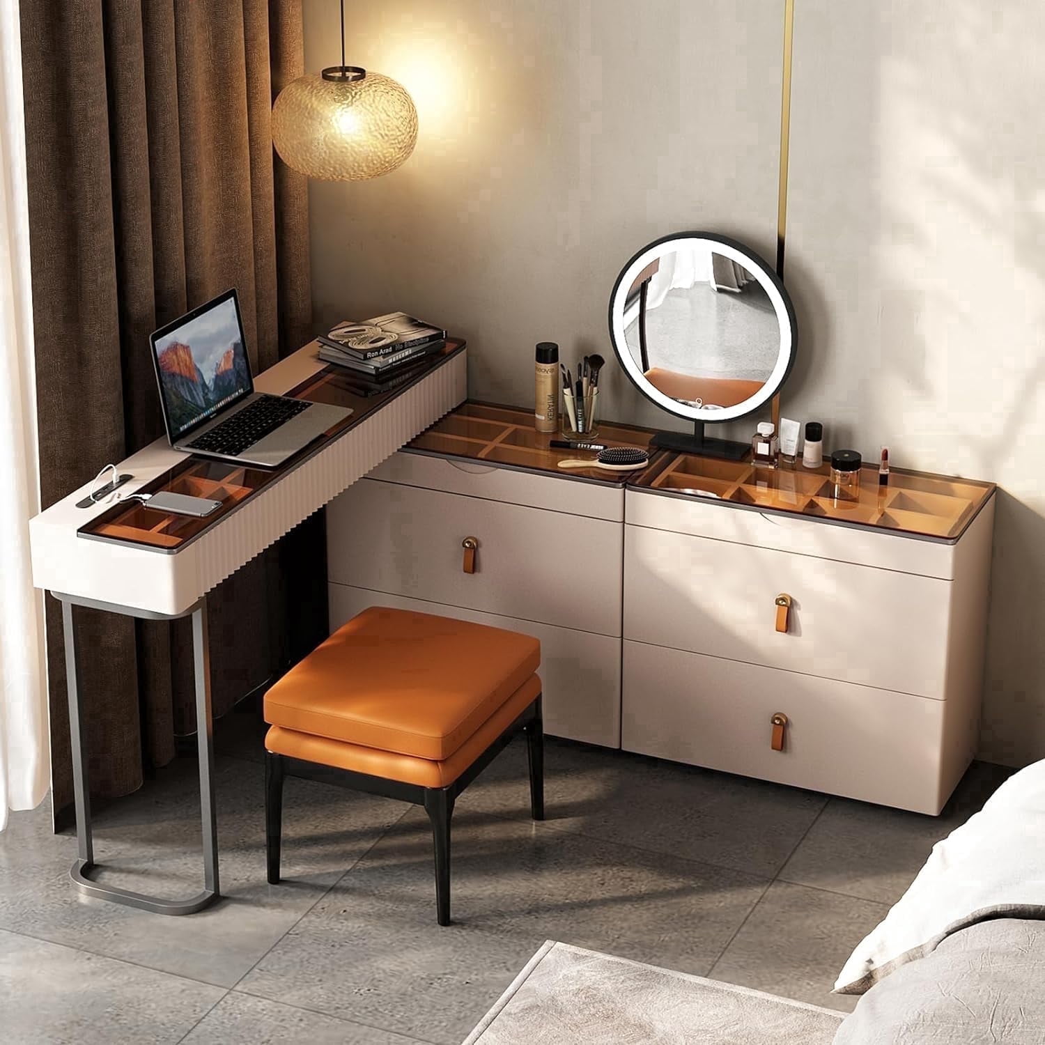 makeup dressing table design FUFU&GAGA 5-Drawers White Makeup Vanity Table Wooden Dressing Desk With Mirror and 3-Tier Storage Shelves 55.1 x 31.5 x 15.7 In. KF210106-01