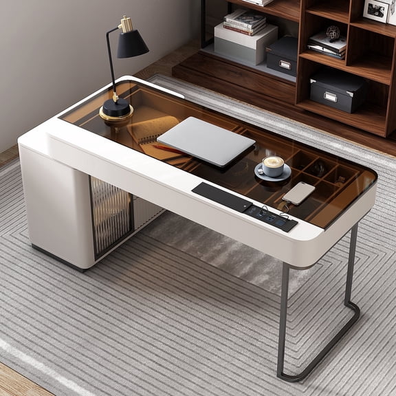 Lartis Office Desk, Very Easy to Assemble, Computer Desk, Home Telescopic Writing Desk, Modern Computer Desk with Retractable Cabinet Built-in LED Lights
