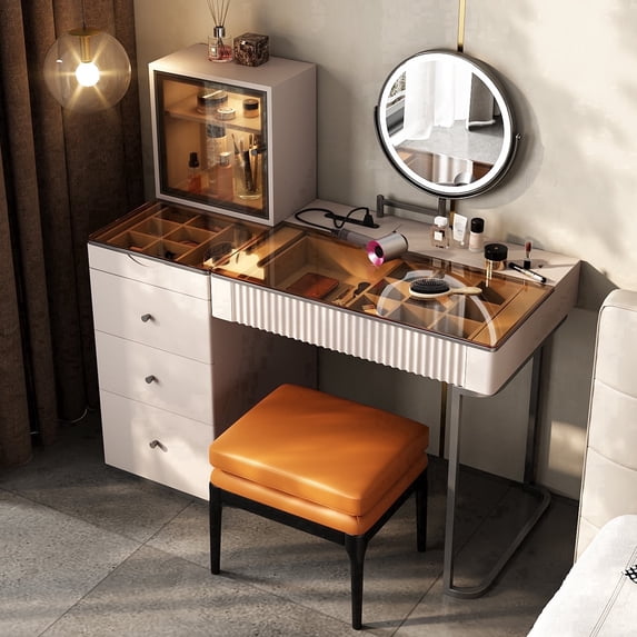 Lartis Vanity Desk with Mirror and Lights | Makeup Vanity Table with Stool Dressing Table with Drawers Vanity with Lighted Mirror and Side Cabinet for Bedroom