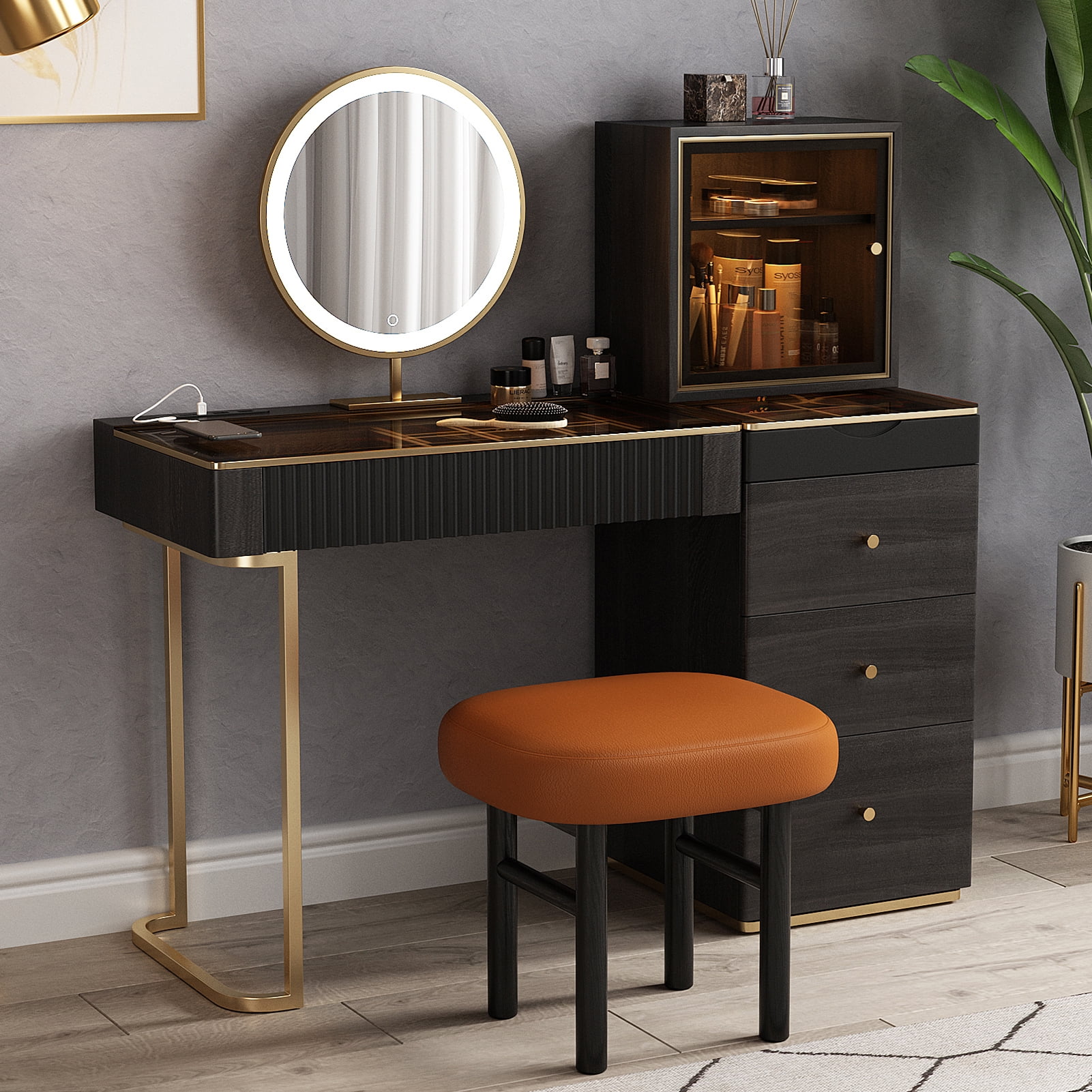 Lartis Makeup Vanity Table With Stool & LED Mirror - Gold Legs, 5 Drawers, Side Cabinet, Sensor Light, Easy Assembly Dressing Desk