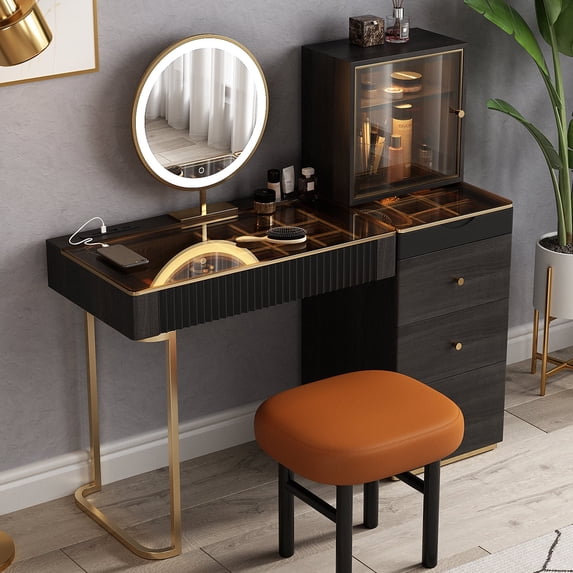 Lartis Premium Makeup Vanity Table, Storage Dressing Table,Vanity Desk,Dresser Set with Solid Wood upholstered Stool, LED Mercury Mirror, Built-in Sensor Light, USB Socket,Easy Assembly