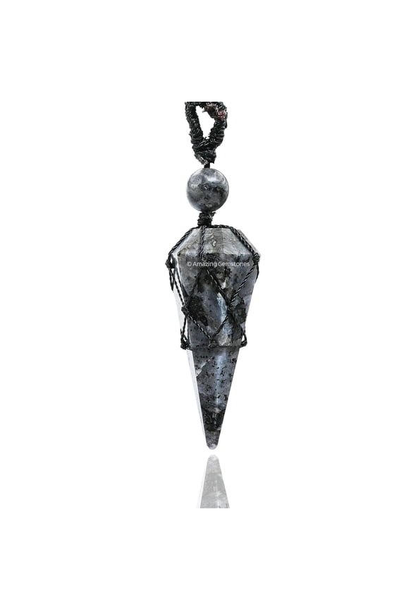 Larvikite Crystal Stone Holder Necklace Pendulum, Unique Women Men Necklace (Black Macrame)