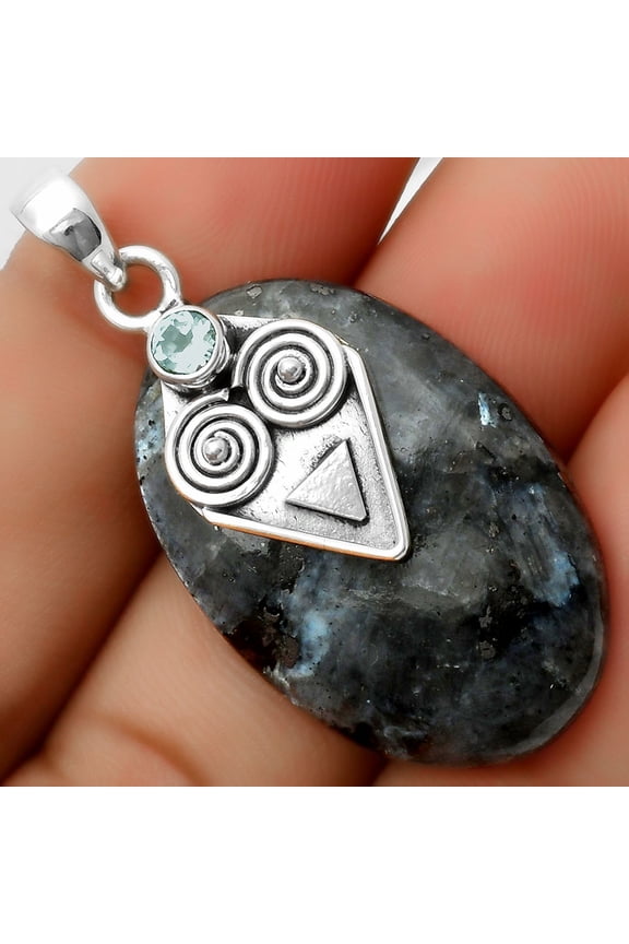 Larvikite Stone Black Moonstone & Sky Blue Topaz 925 Silver Pendant P-1247 SDP113643