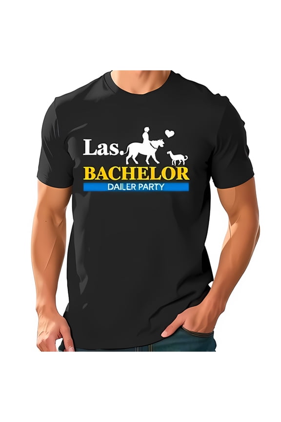 Las Bachelor Party T-Shirt - Fun Pet Themed Graphic with Horse & Dog Cotton Short Sleeve Tee