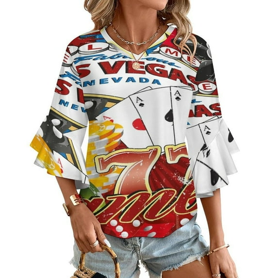 Las Vegas Casino Gambler Women's V-Neck Blouse With 3/4 Ruffled Bell Sleeves Casual Top Ladies Blouses