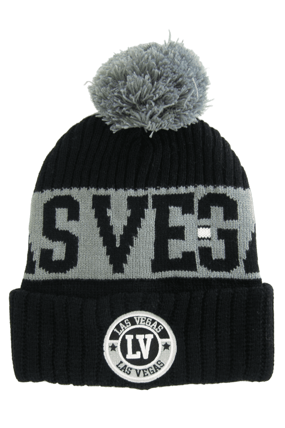 Las Vegas City Name Three Stripe Circular Patch Pom Beanie Winter Hat (Black/Gray)