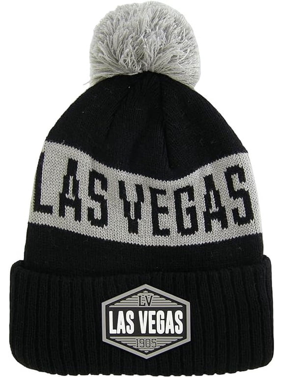 Las Vegas City Name Winter Knit 3D Rubber Patch Pom Beanie Hat (Black/Gray)