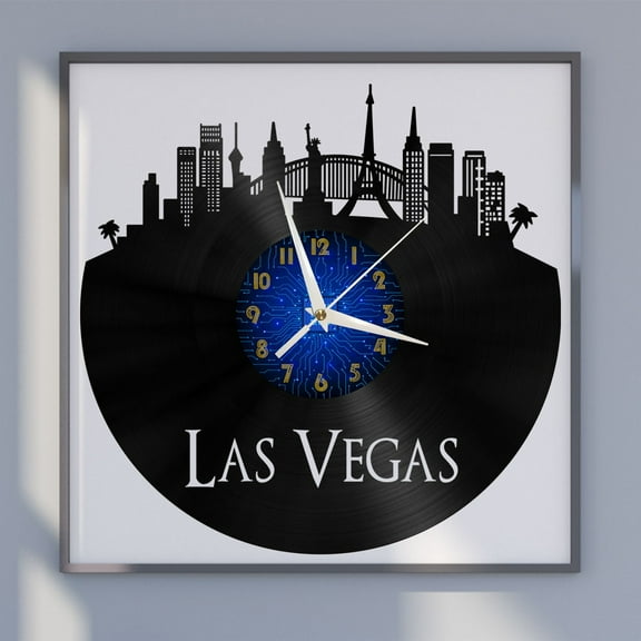 Las Vegas City View 12 Inch Vinyl Record Wall Clock - Silent, Creative, and Unique Clock for Living Room, Entryway, or Bedroom Decor - Perfect Gift Idea(12 inchs B without LED)
