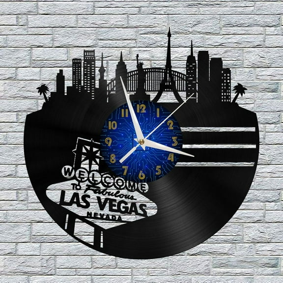 Las Vegas City View 3 12 Inch Vinyl Record Wall Clock - Silent, Creative, and Unique Clock for Living Room, Entryway, or Bedroom Decor - Perfect Gift Idea(12 inchs B without LED)